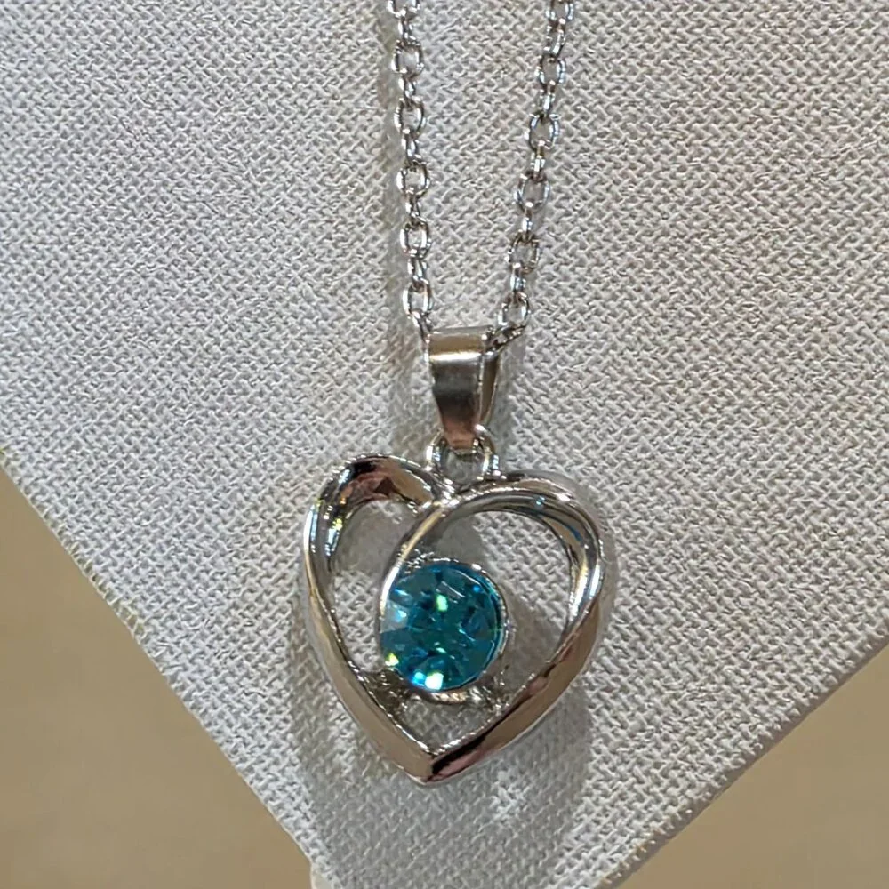 Silver-tone Light Blue Solitaire Stone Open Heart Pendant Silver Chain Necklace